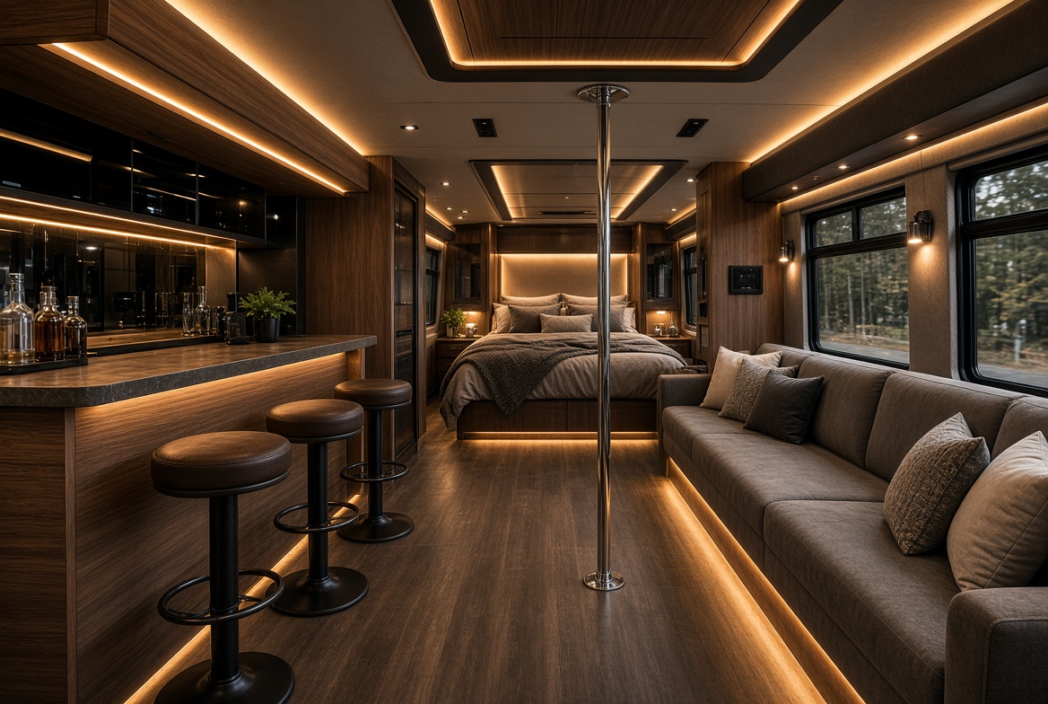 Rear lounge: bar stools, leather sofa and the loft bed